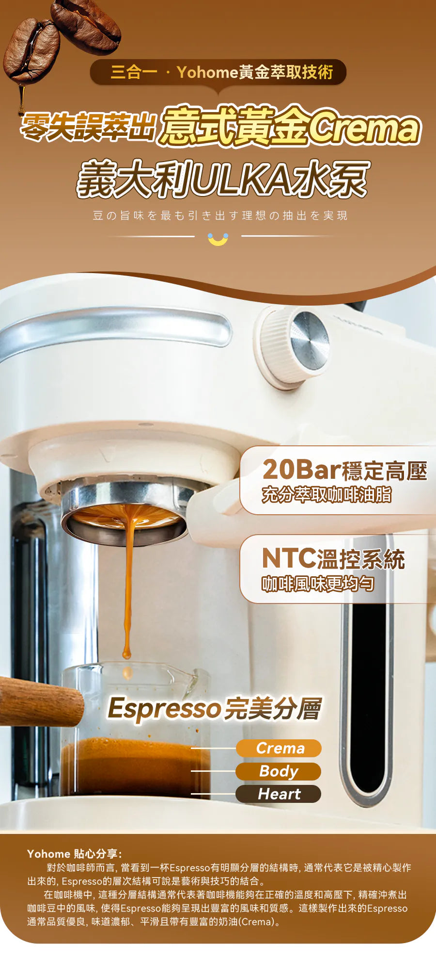 日本Yohome 迷你專業級現磨鮮萃奶泡3合1半自動家庭意式咖啡機