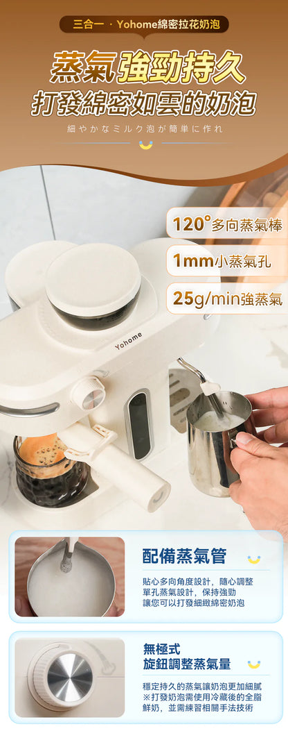 日本Yohome 迷你專業級現磨鮮萃奶泡3合1半自動家庭意式咖啡機